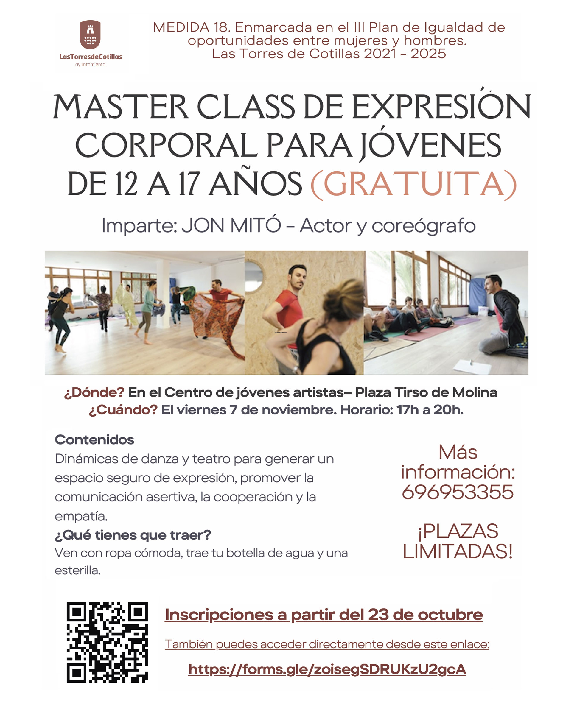 La Concejalía de Políticas Sociales propone una masterclass gratuita de expresión corporal para jóvenes