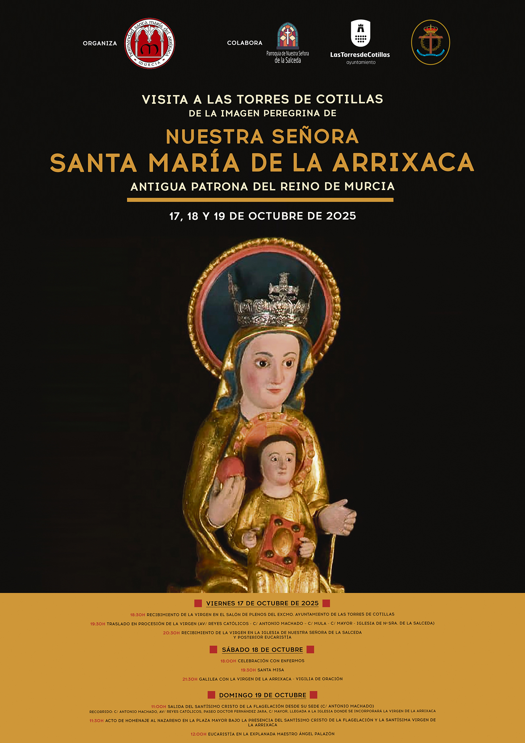 La Virgen de la Arrixaca visitará Las Torres de Cotillas con tres días intensos de actividad