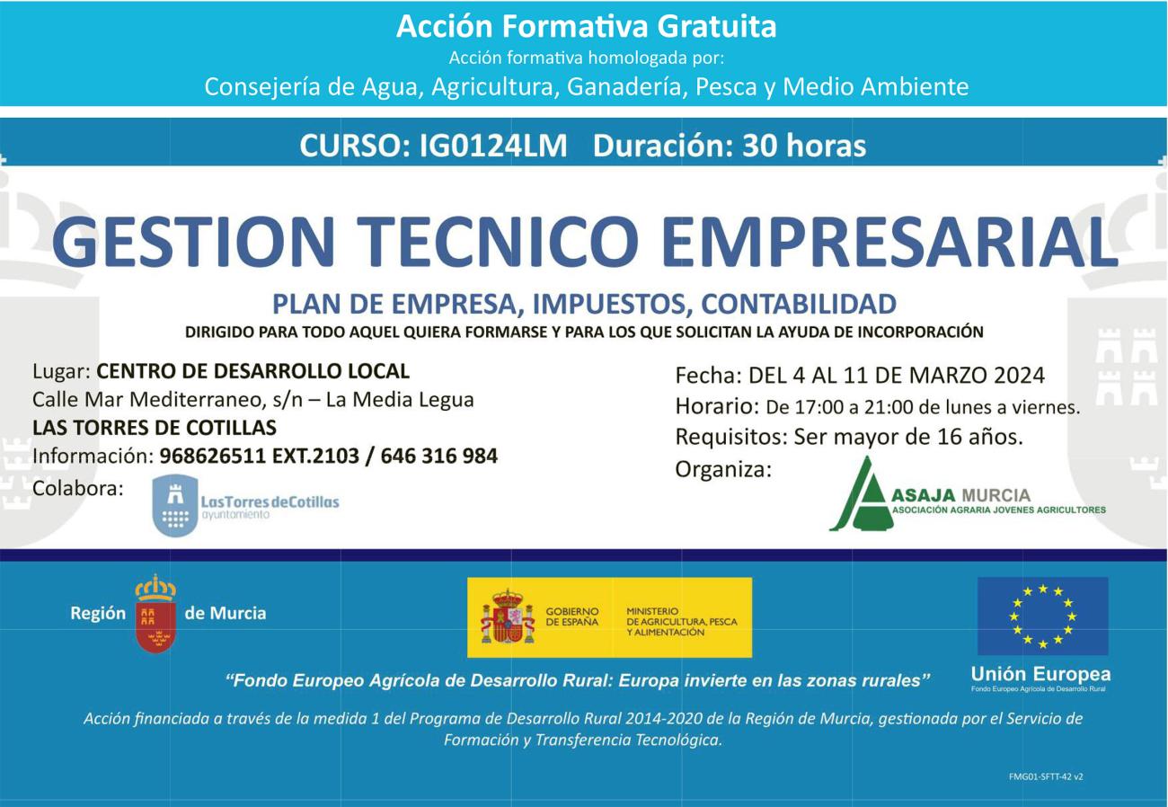 ASAJA Murcia impartirá un curso gratuito de gestión de técnico empresarial