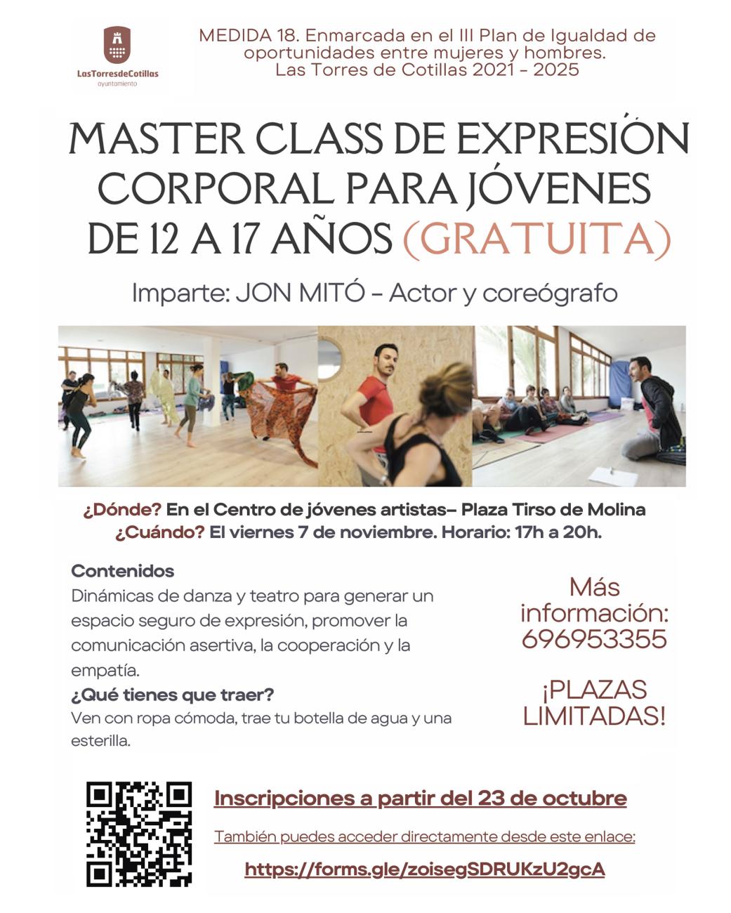 La Concejalía de Políticas Sociales propone una masterclass gratuita de expresión corporal para jóvenes